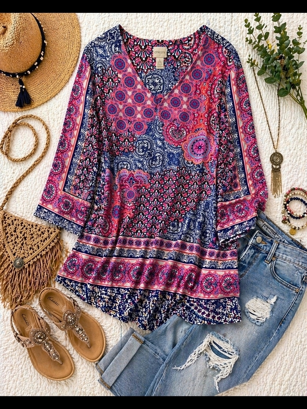 Chico's Pink & Navy Paisley-Print V-Neck Tunic Size 3